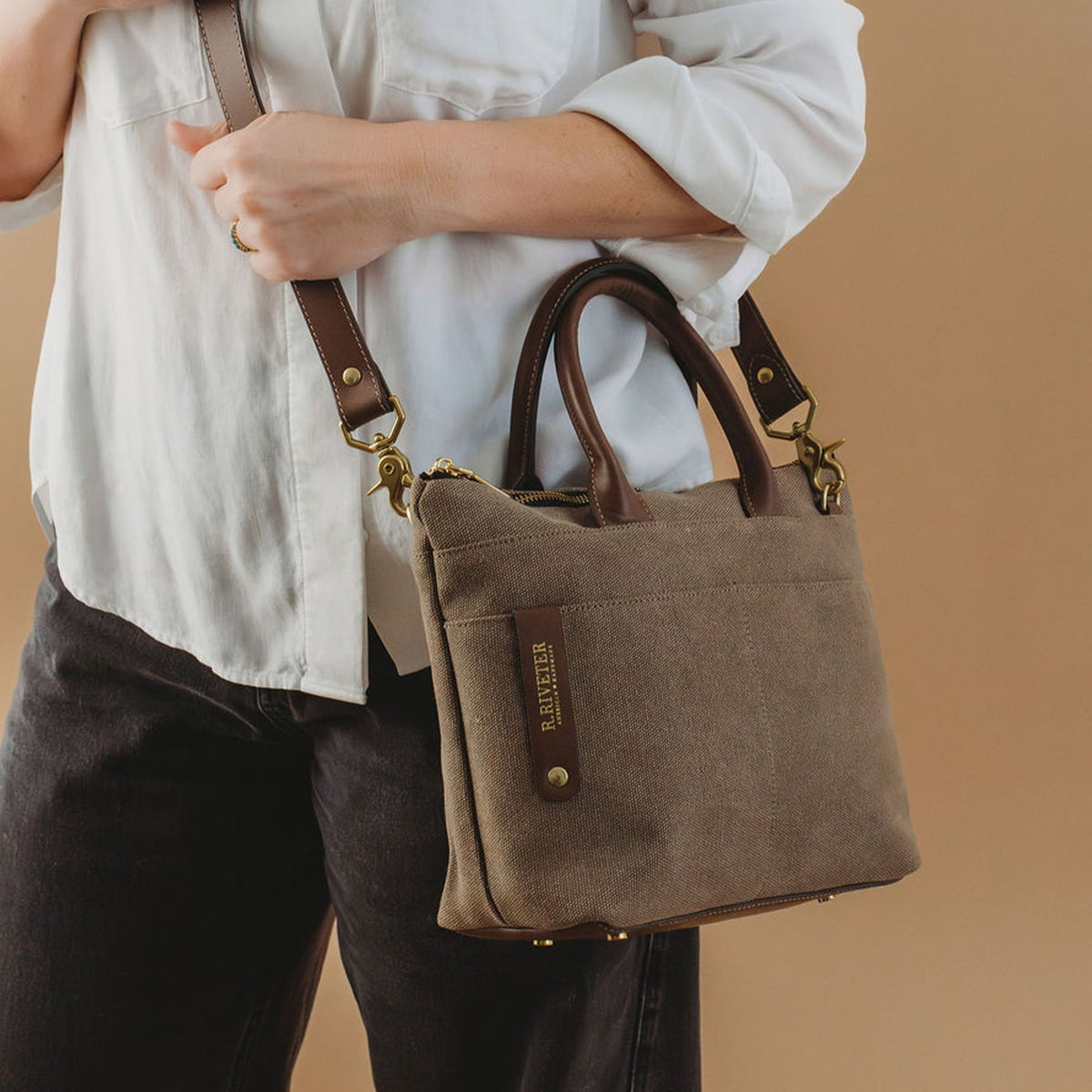 Dot | Small Tote | Fatigue Washed Canvas + Brown Leather - Honeysuckle & Sparrow