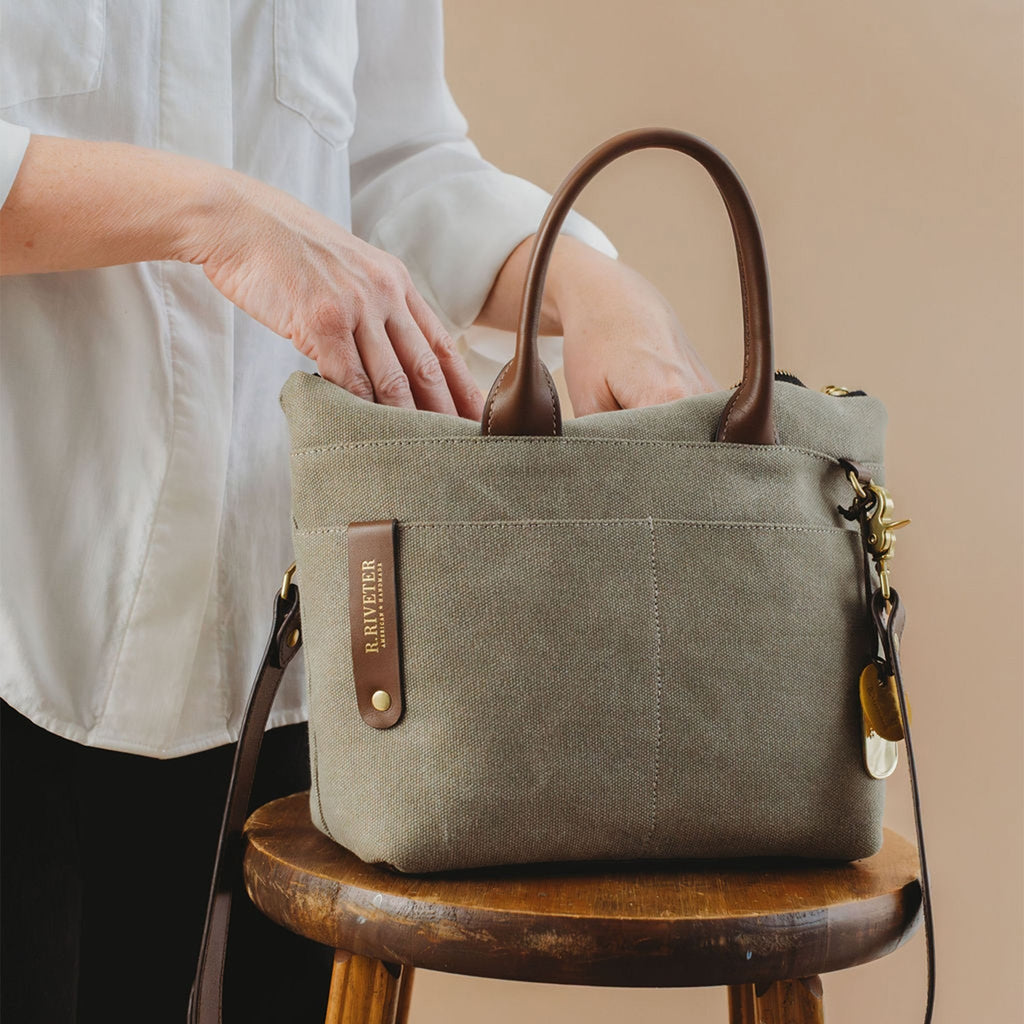 Dot | Small Tote | Fatigue Washed Canvas + Brown Leather - Honeysuckle & Sparrow