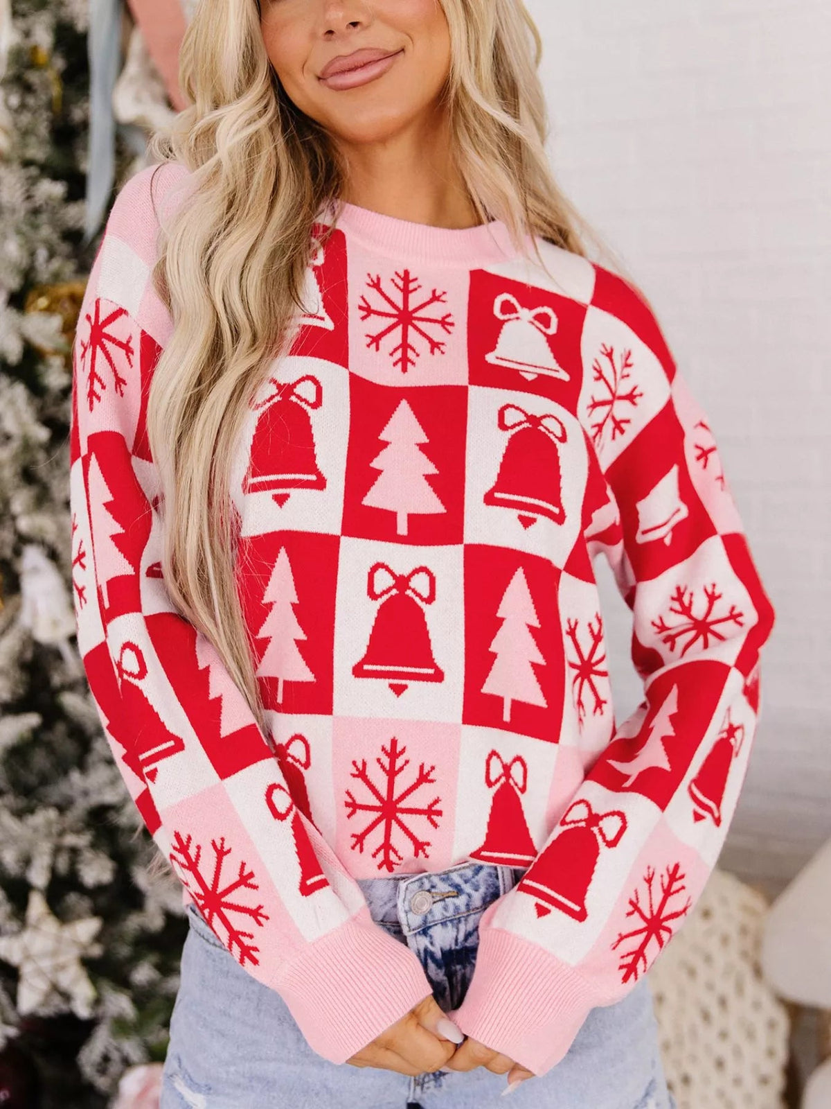 Christmas Plaid Sweater front view in red plaid