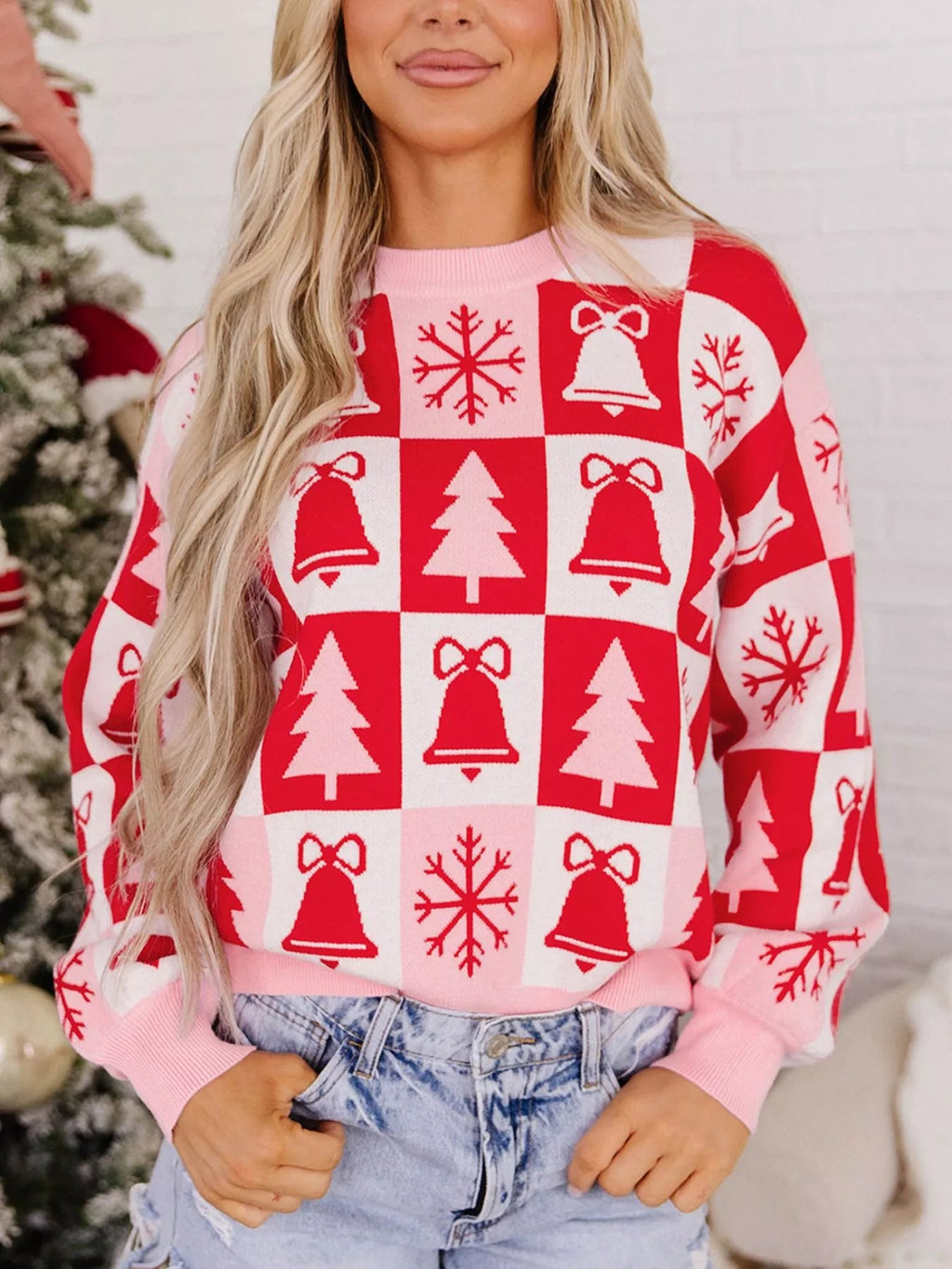 Christmas Plaid Sweater long sleeve knit top detail