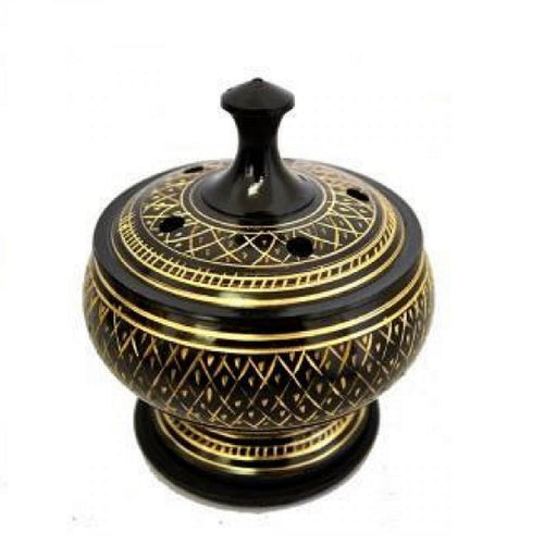 Black Carved Brass Burner with Lid - Honeysuckle & Sparrow