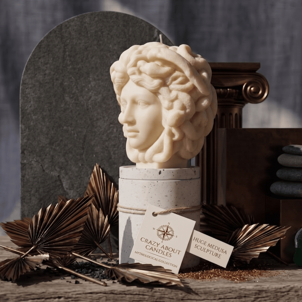 Medusa Sculpture Candle – Hand-Poured Soy Wax | 8” Greek Mythology Art - Honeysuckle & Sparrow