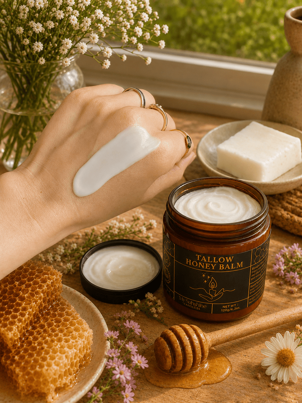 Organic Grass-Fed Beef Tallow Balm with Raw Honey – Handmade Deep Moisturizing Skin Balm for Dry Skin, Face & Body Care