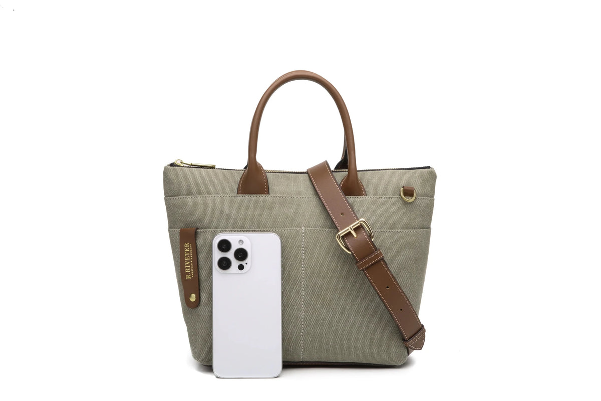 Dot | Small Tote | Fatigue Washed Canvas + Brown Leather - Honeysuckle & Sparrow